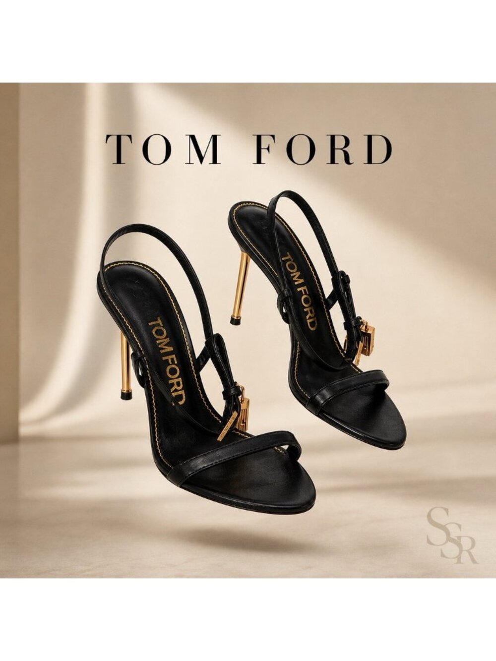 Tom Ford Padlock Slingback Sandal Black Leather Gold Hardware Size 38 US 8 Italy